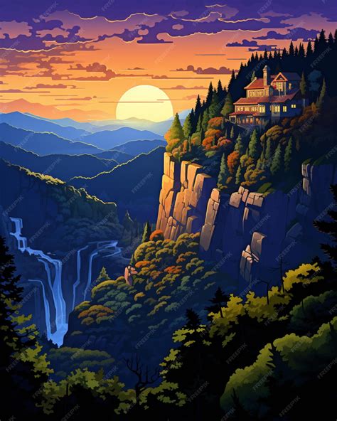 Premium AI Image | painting of a sunset over a mountain with a ...