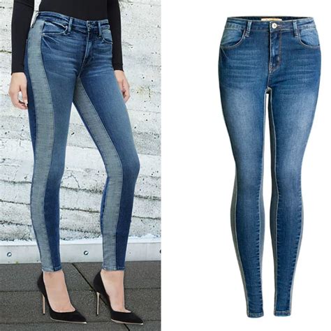 High Elasticity Spliced Panelled Skinny Jeans Women High Street Push Up Denim Pant Femme