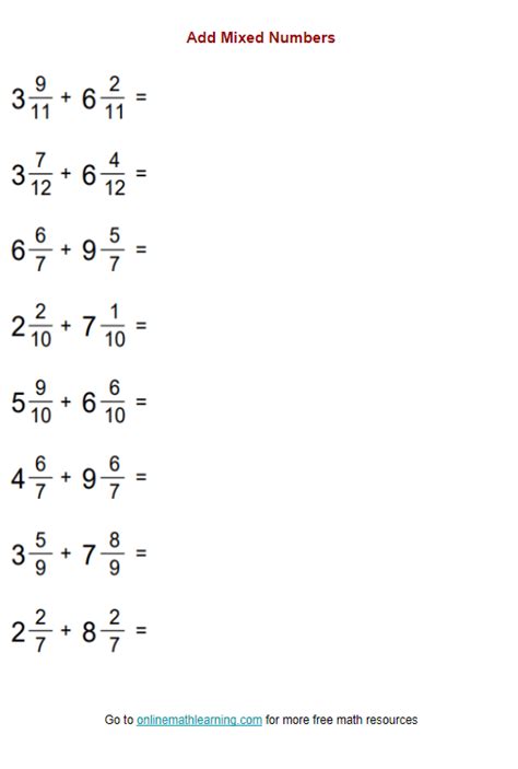 Add Mixed Numbers With Like Denominators Worksheet Examples Answers