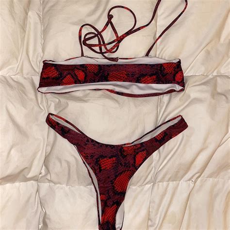Red Snakeskin Patterned Cheeky Bikini Straps Depop