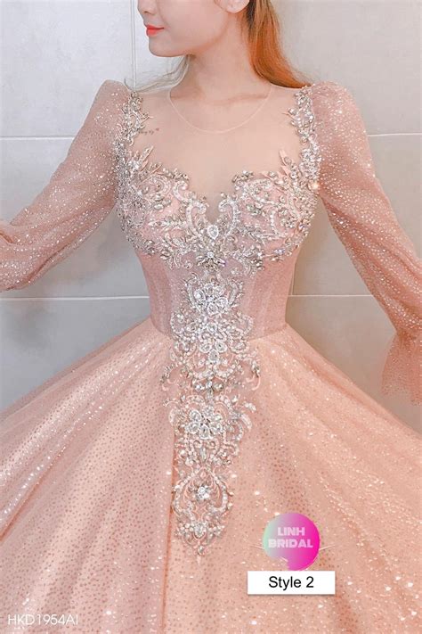 Light Nude Pink Beaded Bodice Long Sleeves Sparkle Ball Gown Wedding Dress With Short Train