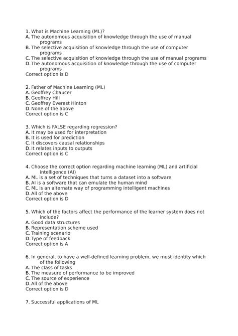 Machine Learning Mcqs Mu Studocu