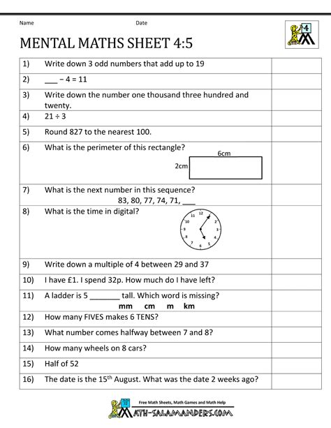 Mental Maths Test Year 4 Worksheets
