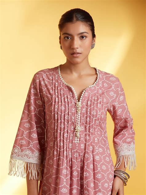 Buy Pink Hand Block Printed Cotton Kurta With Pants Set Of