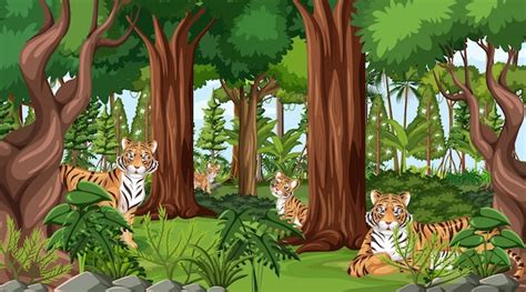 Premium Vector | Wild animals in forest landscape background