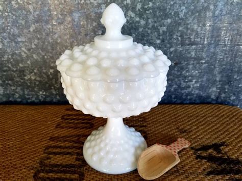 Fenton Hobnail Milk Glass Candy Dish With Lid Pedestal Etsy Hobnail Milk Glass Milk Glass