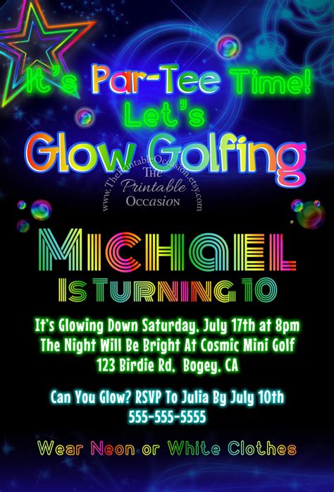 Glow Golf Invitations Glow Golf Birthday Party Cosmic Golf