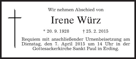 Traueranzeigen von Irene Würz trauer merkur de