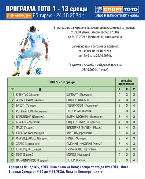 Програма за извънреден тираж 85 на ТОТО 1 - 13 срещи - action.toto.bg ...