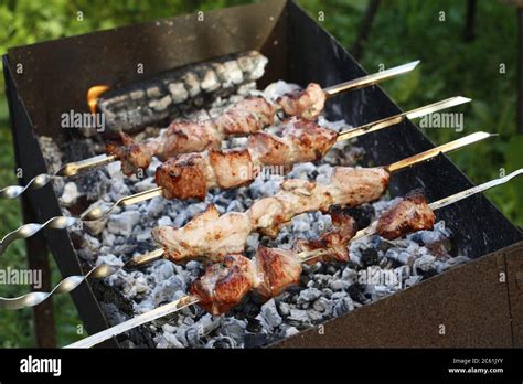 Cooking Barbecue Skewers Marinated Kebab Is Grilled On Charcoal Shish