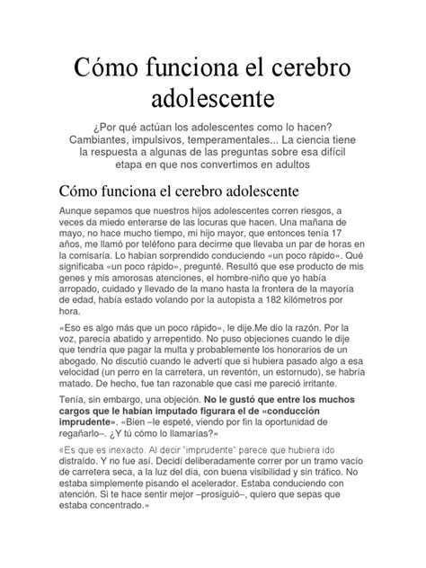 Cómo Funciona El Cerebro Adolescente Pdf Sinapsis Cerebro