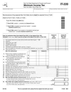 Fillable Online Tax Ny Form IT 220 2001 Minimum Income Tax IT220