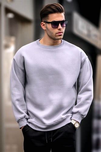 Boyalı Gri Bisiklet Yaka Oversize Şardonlu Basic Erkek Sweatshirt Madmext