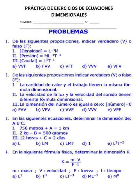 Práctica De Ejercicios De Ecuaciones Dimensionales Matematicas PrÁctica De Ejercicios De