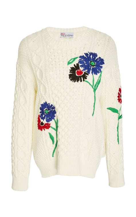 Red Valentino Floral Embroidered Cable Knit Cotton Sweater Knits