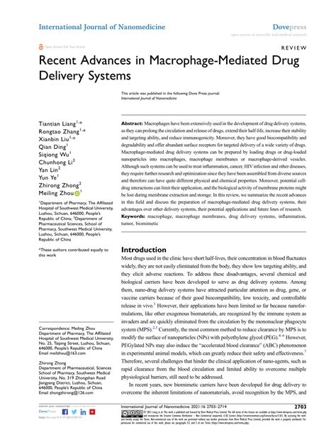 Pdf Recent Advances In Macrophage Mediated Drug Delivery Systems