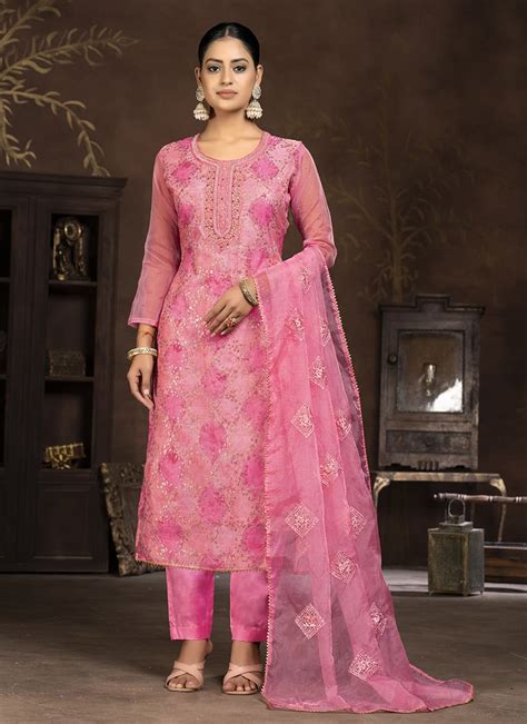 Buy Embellished Organza Hand Work Straight Pant Suit Party Wear Online