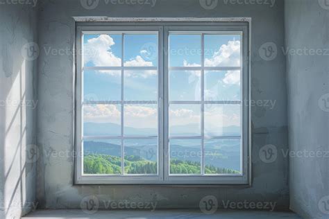 Modern window overlooking breathtaking mountain view in unfinished room