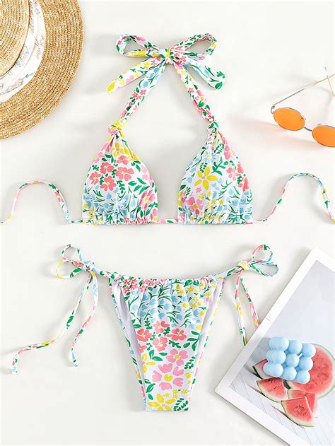 Shein Swim Mod Floral Print Bikini Set Halter Triangle Bra And Tie Side