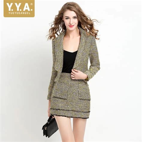 Italy Brand Women Tweed Blazer Ol Two Piece Set Twill Plaid Lady Mini