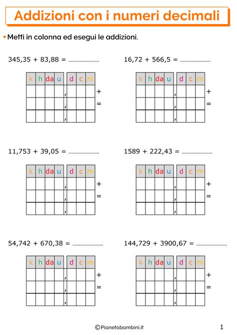 Esercizi Sulle Addizioni In Colonna Con I Numeri Decimali