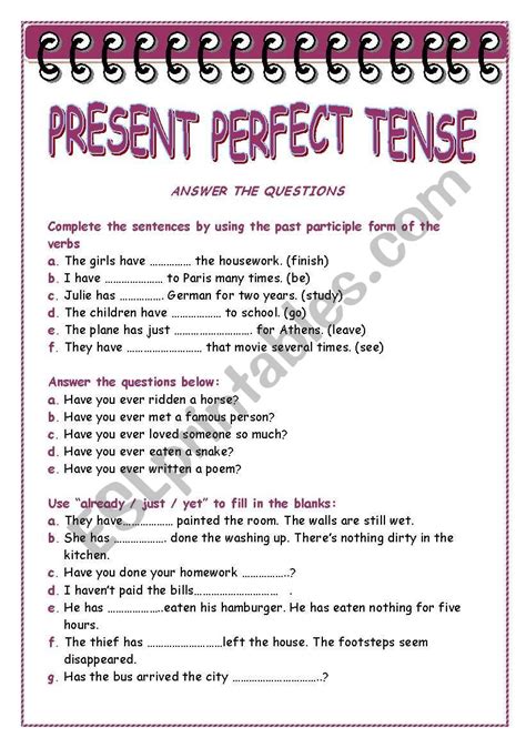 Present Perfect Tense Esl Worksheet By Roadrunnerr