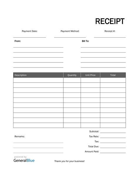 Receipt Form Template With Blank Space For Payment Or Invoicer To Be Used