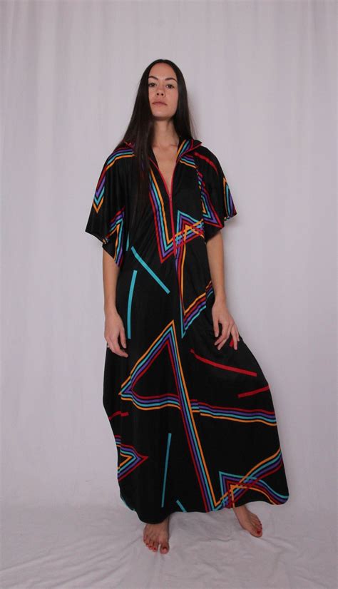 Vintage Unisex Rare Abstract Striped Kaftan Dress Funky Festival Unique Black Rainbow