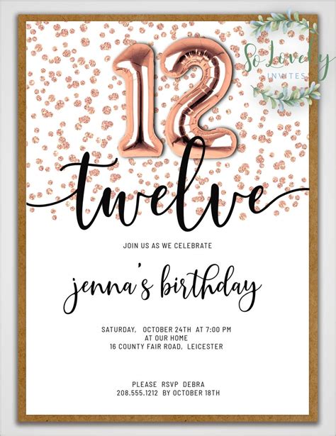 Rose Gold Glitter 12th Birthday Invitation Edit Yourself Etsy