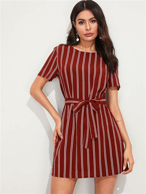 Keyhole Back Striped Belted Dress Stylish And Chic