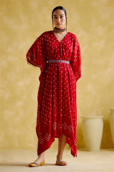 Buy Red Modal Satin Lagdi Patta Printed Bandhani V Neck Annika Kaftan