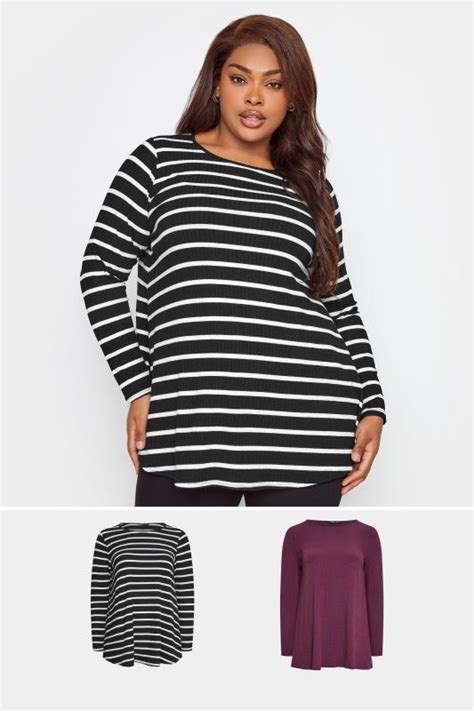 Yours Curve Plus Size 2 Pack Black And Purple Stripe Ribbed Swing Top