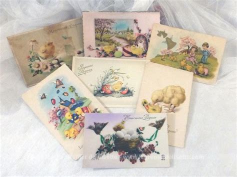 Lot de 7 cartes postales anciennes fleurs Joyeuses Pâques Le Grenier