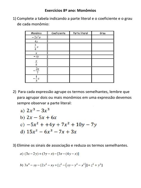 Exercícios Monomios 8º Ano 11 08 Pdf