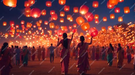 Premium Photo | Flying paper lantern in festival of lights