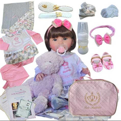 Bebê Boneca Reborn Luna Cinza e Rosa Menina Presente Enxoval Brinquedo