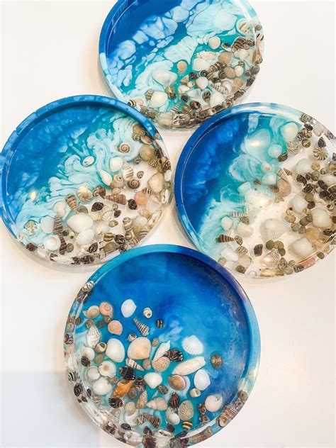 Set Of 4 Beach Coasters With Real Seashells Shell Coasters Etsy