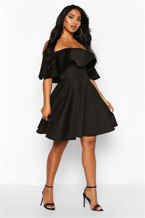 Womens Bonded Scuba Off The Shoulder Frill Skater Dress Boohoo Uk