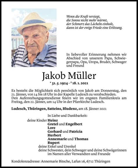 Todesanzeigen Von Jakob M Ller Todesanzeigen Vorarlberger Nachrichten