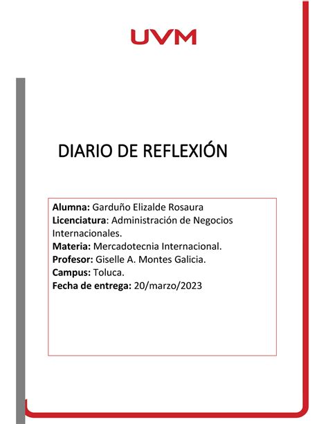 Unidad 1 Diario DE Reflexión DIARIO DE REFLEXIÓN Alumna Garduño