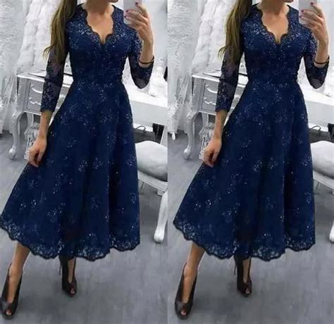 Navy Blue Full Lace Tea Length Mother Of The Bride Dresses 3 4 Long