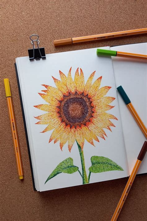 Ilustraci N De Girasol Dotted Drawings Pen Art Drawings Dot Art