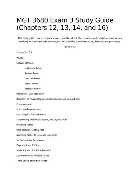 Exam Review Mgt Exam Study Guide Chapters And