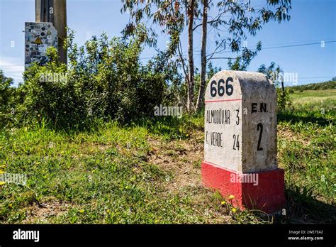 Road Milestone Indicating 666th Kilometer On Famous National Road N2