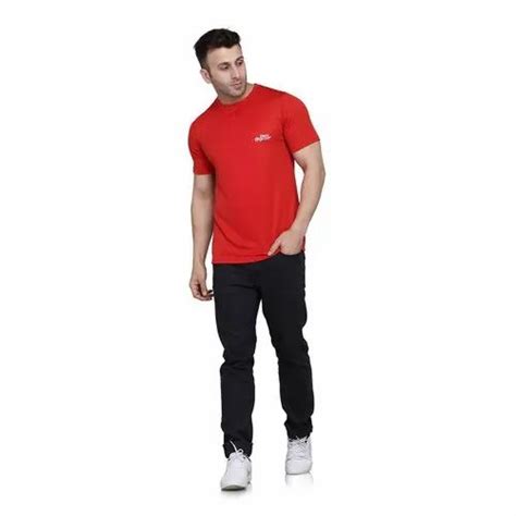 Plain Polyester Dot Net Fabric Solid Men Round Neck Red T Shirt Medium