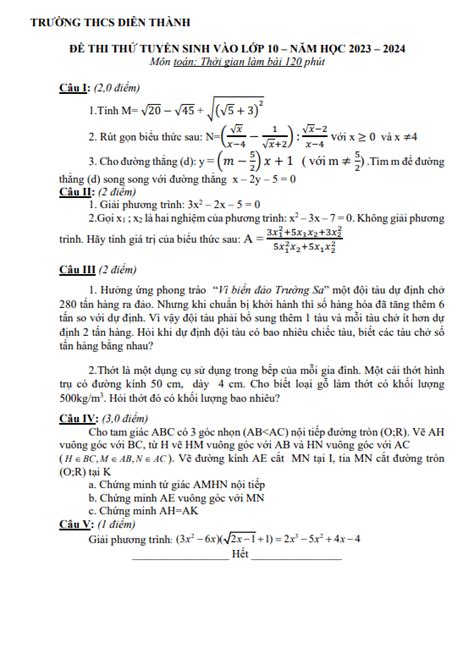 Đề thi thử Toán vào lớp 10 năm 2023 2024 trường THCS Diễn Thành