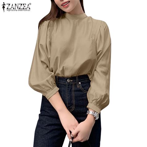 Zanzea Women Office Loose Stand Collar Puff Sleeve Pleated Blouse