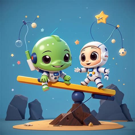 Premium Photo Cute Astronaut And Alien Playing Seesaw With Star