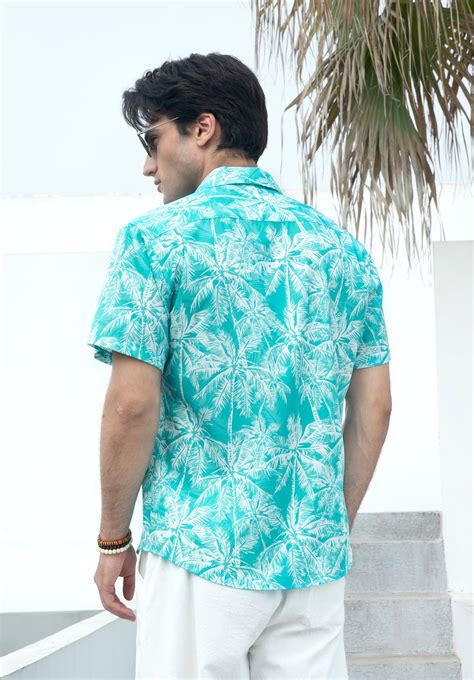 Mens Hawaiian Shirts Short Sleeve Aqua Coconut Tree Tropcical Shirt