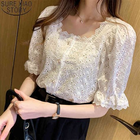 Summer Korean Short Sleeve Sweet Lace Shirt Women Square Collar Hollow